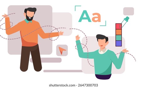 Ilustração de vetor plano do designer gráfico trabalhando no computador com a ferramenta da caneta, seletor de cores e tipografia