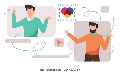 Flat Vector Illustration of Graphic Designer Working on Computer with Pen Tool, Color Picker, and Typography. 