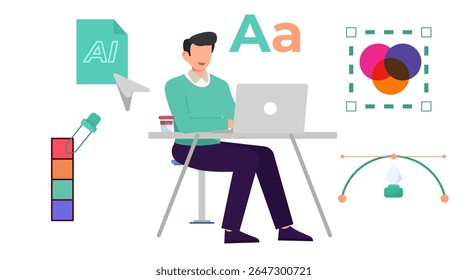 Ilustração vetorial plana de designer gráfico trabalhando em computador com ferramenta caneta, seletor de cores e tipografia. 