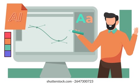 Ilustração vetorial plana de designer gráfico trabalhando em computador com ferramenta caneta, seletor de cores e tipografia. 