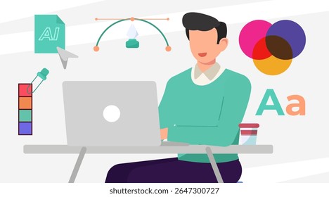 Ilustração vetorial plana de designer gráfico trabalhando em computador com ferramenta caneta, seletor de cores e tipografia. 