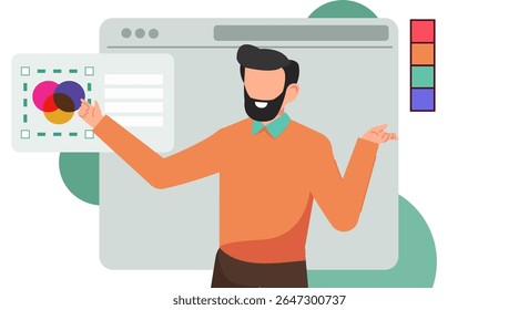 Ilustração vetorial plana de designer gráfico trabalhando em computador com ferramenta caneta, seletor de cores e tipografia. 