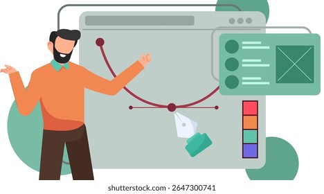 Ilustração vetorial plana de designer gráfico trabalhando em computador com ferramenta caneta, seletor de cores e tipografia. 