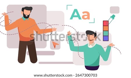 Flat Vector Illustration of Graphic Designer Working on Computer with Pen Tool, Color Picker, and Typography