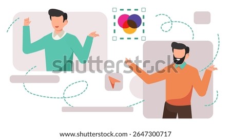 Flat Vector Illustration of Graphic Designer Working on Computer with Pen Tool, Color Picker, and Typography. 