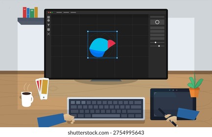 A flat vector illustration of a graphic designer's workspace featuring a large monitor with design software, a graphics tablet, a keyboard, a cup of coffee, and color swatches on a wooden desk.