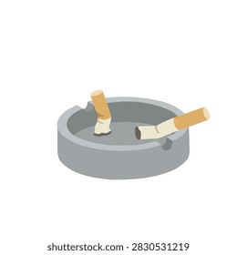 Flat vector illustration of a gray ashtray containing two cigarettes and ash, isolated on white background, representing smoking, tobacco, ash, cigarette waste, and unhealthy habits