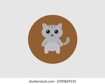 flat vector illustration of a gray cartoon cat standing inside a brown circle