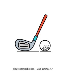 Flat vector illustration of a gray golf club with an orange and blue grip, placed next to a golf ball. Ideal for golf, sports, or recreation-themed designs.