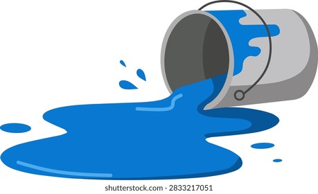 Flat vector illustration of a gray paint can tipped over with bright blue paint spilling out onto the floor. The paint forms a puddle with splashes and drips around the can. The can has a metal handle and blue paint stains on the side. Isolated on black background. Represents liquid spill, accident, mistake, waste, and fluid leak in a clean digital style.