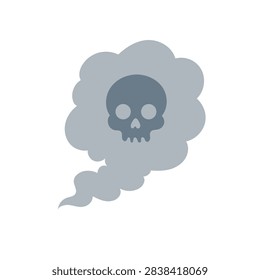 Flat vector illustration of a gray smoke cloud with a skull symbol, representing toxic fumes, smoking hazards, air pollution, danger, and health risks.