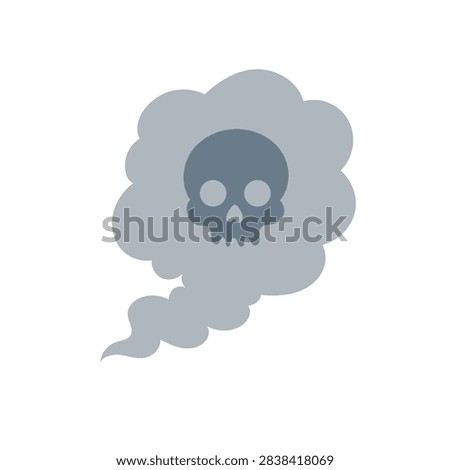 Flat vector illustration of a gray smoke cloud with a skull symbol, representing toxic fumes, smoking hazards, air pollution, danger, and health risks.