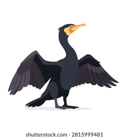A flat vector illustration of a great cormorant standing with its dark feathers and wings outstretched against a plain background