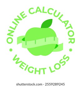 Flat vector illustration of a green apple with measuring tape. Pictogram for fitness and wellness logo isolated on white background