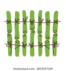 A flat vector illustration of a green bamboo fence with rustic brown rope ties on a white background