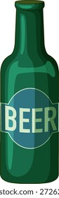 Eine flache Vektorgrafik einer grünen Bierflasche mit einem blauen kreisförmigen Etikett