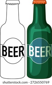 Flache Vektorgrafik einer grünen Bierflasche mit schwarz-weißem Umriss