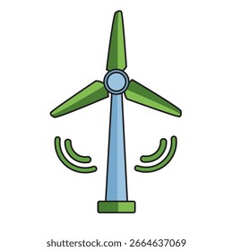 Flache Vektorgrafik einer grün-blauen Windturbine mit Bewegungslinien, die erneuerbare Windenergie und Nachhaltigkeit symbolisiert, einzeln auf weißem Hintergrund.