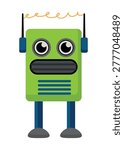 Flat vector illustration of a green cartoon robot with large eyes, antennas and simple legs. Cute robot character isolated on a white background.
