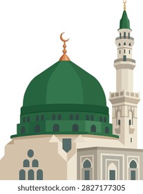 A flat vector illustration of the Green Dome of the Prophet's Mosque in Medina, featuring a minaret and crescent moon symbol against a white background.