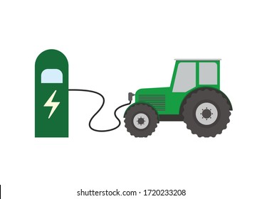 Flat vector illustration of a green electric tractor charging at the charger station. Electromobility e-motion concept. smart and modern agriculture