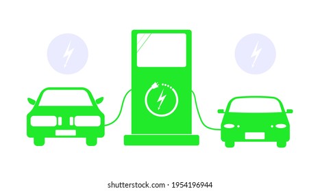 Flat vector illustration of a green electric car charging at the charger station. Electromobility e-motion concept.