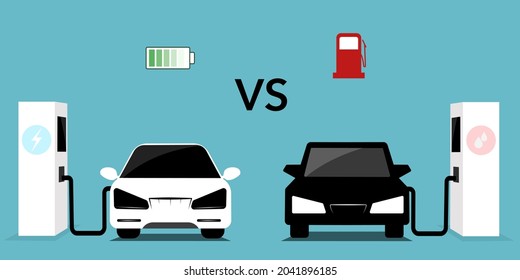 Flat vector illustration of a green electric car charging at the charger station. Electromobility e-motion concept.