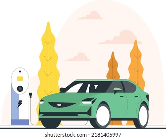 Flat vector illustration of a green electric car charging at the charger station. Electromobility e-motion concept. with autumn season