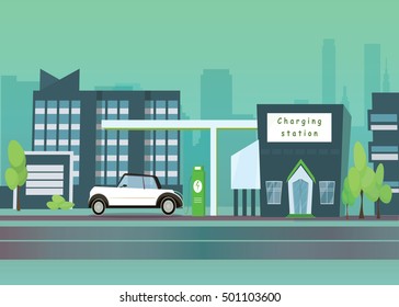 Flat vector illustration of a green electric car charging at the charger station in the city. Electromobility e-motion concept.