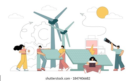 Flat vector illustration. Green energy concept, alternative energy sources. Windmills and solar panels.