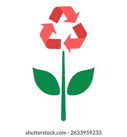 Flat vector illustration of a green flower with a red recycling symbol forming the petals. Concept of sustainability, eco awareness, and green living. Isolated on white background.