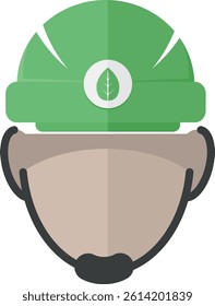 Flat vector illustration of a green jobs worker wearing a safety helmet with an eco leaf symbol. This minimal and modern avatar represents sustainable employment in environmental industries such as re