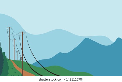 flat vector illustration of a green landscape with a blue and green mountain background. for websites, cards and banners