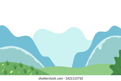 flat vector illustration of a green landscape with a blue and green mountain background. for websites, cards and banners