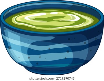 Una Ilustración vectorial plana de té matcha verde dentro de un tazón de cerámica azul texturizado