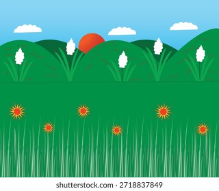 Ilustración vectorial plana de un prado verde con flores y sol.
