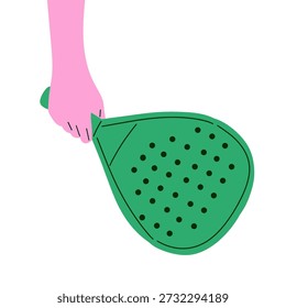 Ilustración vectorial plana de un pádel verde o raqueta de tenis sostenida por una mano con la pulsera, aislada en el fondo blanco. Diseño de estilo de dibujos animados minimalista y moderno. Adecuado para temas deportivos, pádel, actividades de fitness, conceptos de entrenamiento, promociones deportivas de raquetas, App móviles, Sitios web, carteles y contenido de redes sociales.