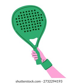 Ilustración vectorial plana de un pádel verde o raqueta de tenis sostenida por una mano con la pulsera, aislada en el fondo blanco. Diseño de estilo de dibujos animados minimalista y moderno. Adecuado para temas deportivos, pádel, actividades de fitness, conceptos de entrenamiento, promociones deportivas de raquetas, App móviles, Sitios web, carteles y contenido de redes sociales.