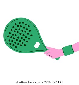 Ilustración vectorial plana de un pádel verde o raqueta de tenis sostenida por una mano con la pulsera, aislada en el fondo blanco. Diseño de estilo de dibujos animados minimalista y moderno. Adecuado para temas deportivos, pádel, actividades de fitness, conceptos de entrenamiento, promociones deportivas de raquetas, App móviles, Sitios web, carteles y contenido de redes sociales.