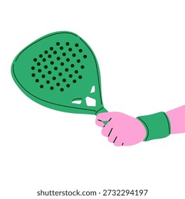 Ilustración vectorial plana de un pádel verde o raqueta de tenis sostenida por una mano con la pulsera, aislada en el fondo blanco. Diseño de estilo de dibujos animados minimalista y moderno. Adecuado para temas deportivos, pádel, actividades de fitness, conceptos de entrenamiento, promociones deportivas de raquetas, App móviles, Sitios web, carteles y contenido de redes sociales.
