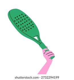 Ilustración vectorial plana de un pádel verde o raqueta de tenis sostenida por una mano con la pulsera, aislada en el fondo blanco. Diseño de estilo de dibujos animados minimalista y moderno. Adecuado para temas deportivos, pádel, actividades de fitness, conceptos de entrenamiento, promociones deportivas de raquetas, App móviles, Sitios web, carteles y contenido de redes sociales.