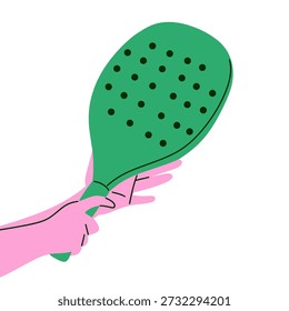 Ilustración vectorial plana de un pádel verde o raqueta de tenis sostenida por una mano con la pulsera, aislada en el fondo blanco. Diseño de estilo de dibujos animados minimalista y moderno. Adecuado para temas deportivos, pádel, actividades de fitness, conceptos de entrenamiento, promociones deportivas de raquetas, App móviles, Sitios web, carteles y contenido de redes sociales.