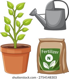 Flat vector illustration of a green plant, metal watering can, and nitrogen fertilizer bag