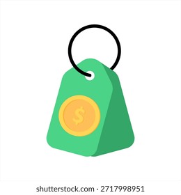 Flache Vektorgrafik des grünen Preisschilds mit Dollar-Münzsymbol, das Rabatt, Preise, Verkauf, Kosten und finanzielles Wertkonzept darstellt, minimalistischer Stil, einzeln auf weißem Hintergrund.