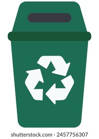 Flache Vektorillustration des grünen Papierkorbs mit Recycling-Logo auf weißem Hintergrund.