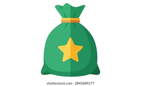 A flat vector illustration of a green sack tied with a golden rope, featuring a prominent yellow star on the front. This graphic represents a prize, loot, or reward, commonly used in gaming, finance, or achievement-related contexts. The design is clean and modern, suitable for icons or UI elements.