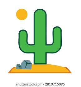 A flat vector illustration of a green saguaro cactus in a desert setting with a bright yellow sun and gray rocks.