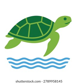 A flat vector illustration of a green sea turtle with a patterned shell swimming above stylized blue wavy water lines