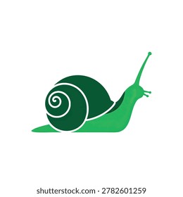 A flat vector illustration of a green snail featuring a spiral shell and simple clean lines for a modern design aesthetic.