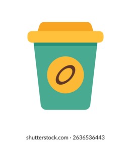 Flat vector illustration of green takeaway coffee cup with yellow lid and coffee bean logo icon